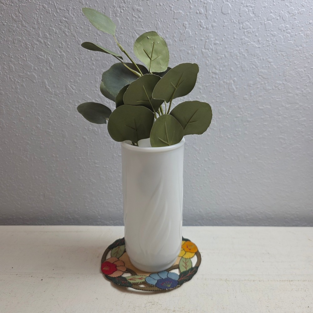 Vintage White‎ Milk Glass Swirl Flame Cylinder Vase Mid Century Modern Decor
